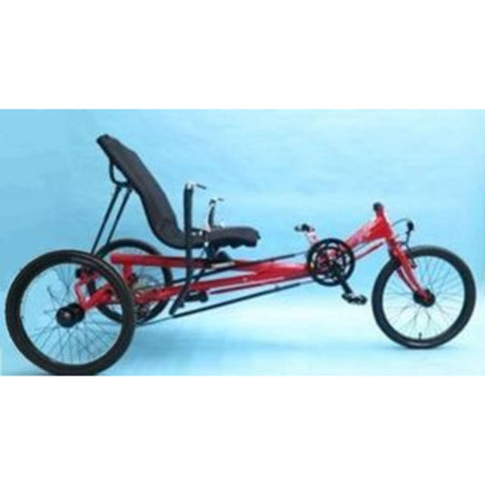 Gomier Rehatri Recumbent Trike, Pedal model, featuring 20" front and 20" rear wheels, in red.