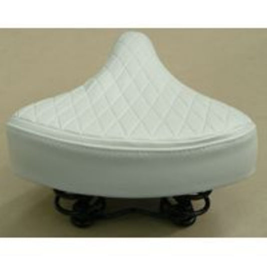 Retro Ladies Saddle with a Vinyl Quilted Top, featuring Dual Coil Springs, in White, measuring 250mm x 190mm.