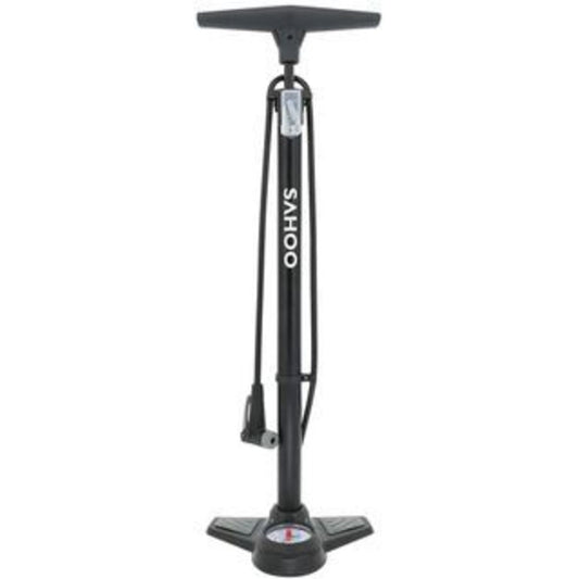 SAHOO Floor Pump - 160 PSI, Features Smart Valve Head, Alloy Barrel, and Metal Base.