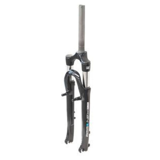 SR Suntour Unspecified 700C Suspension Fork with 75mm travel, V-brake compatibility, 1-1/8" stem size, preload adjuster, and finished in black.