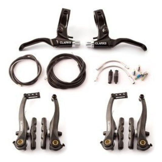 CLARKS V-Brake Set featuring Hinged Clamp Levers - 110mm Arms, along with Cables, Pads, and Guide Pipes - Compatible with Twist and Thumb Shifters.
