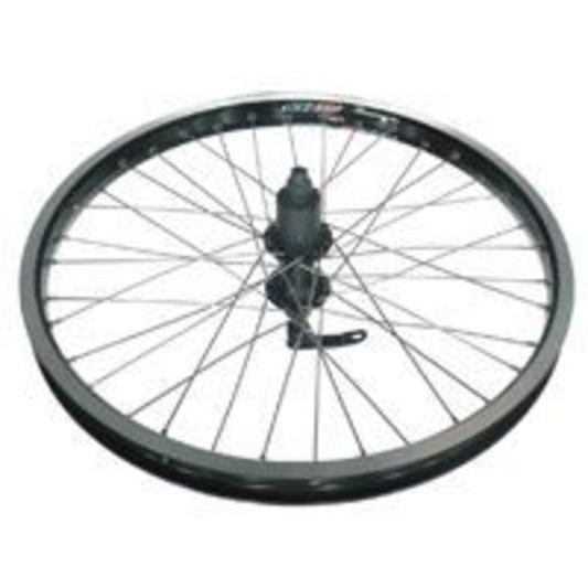 20-inch WHEEL featuring AlexRims D/W DM-24 alloy rim, Joytech quick-release hub compatible with 8/10-speed cassettes, and Mach1 spokes. Available in black with silver spokes.